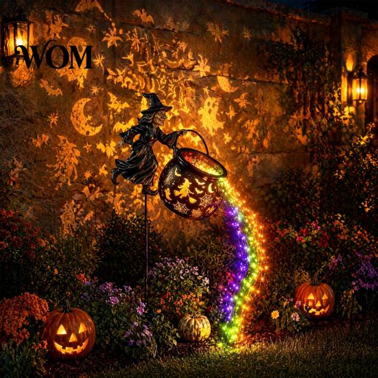 Mysterious Witch Kingdom Prop Halloween Cauldron Yard Light, Flying Silhouette Garden Stake with Colorful Weatherproof Light LED, Spooky Outdoor