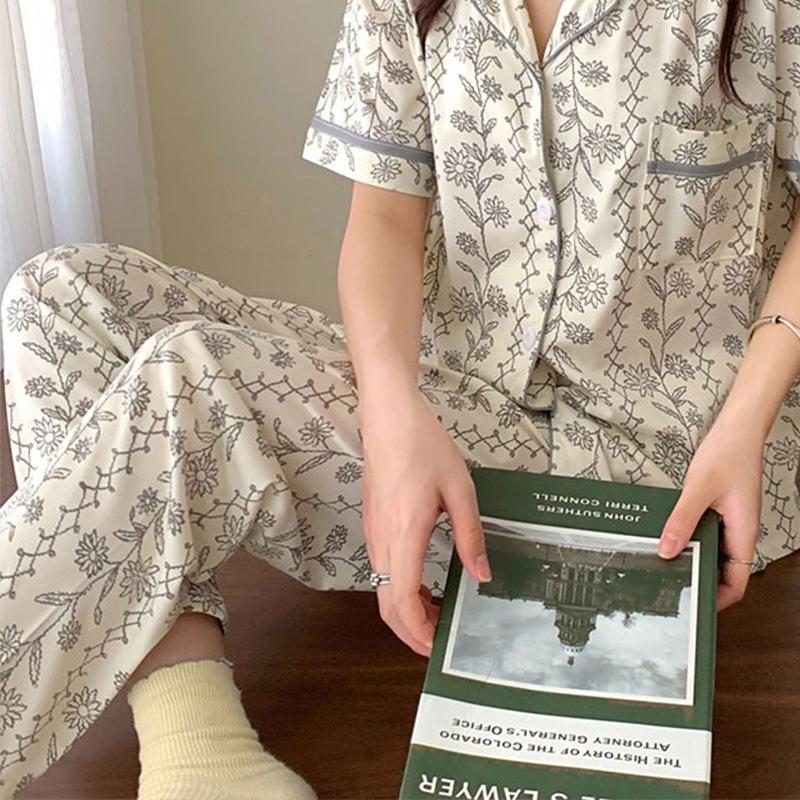 Ретро цветочные пижамные штаны Весна/Лето - Женские, Корейский стиль, Подходят для повседневной носки, Свободный крой, Идеальны для весны и осени.