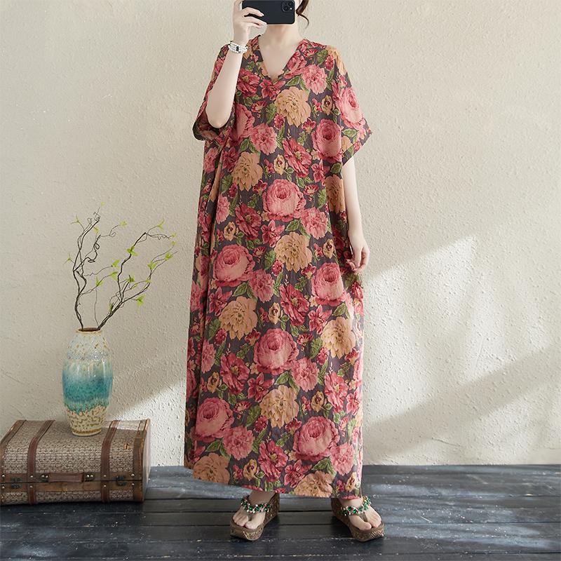 DIMANAF Women 2025 Plus Size Summer Casual Dress Cotton Linen Vintage Loose Basic Long Dress Floral New