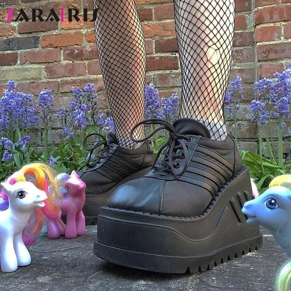 INS Brand Punk Goth Round Toe Platform Wedges Women's Sneakers Lace Up Design 2021 Casual Cute Women's Shoes