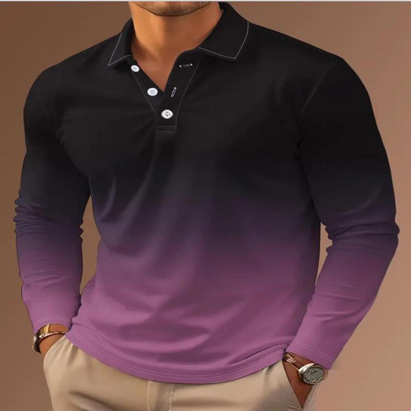 Новый мужской осенний топ с цифровым принтом, с длинными рукавами, в стиле цветных блоков, спортивный, повседневный, модный, с воротником-поло и градиентом