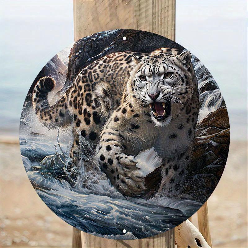 Round Wooden Snow Leopard Art Sign, Waterproof HD Print, Pre-Drilled Wooden Wall Decor, Decorative Wall Poster, 8in, 11.8in, 1PC