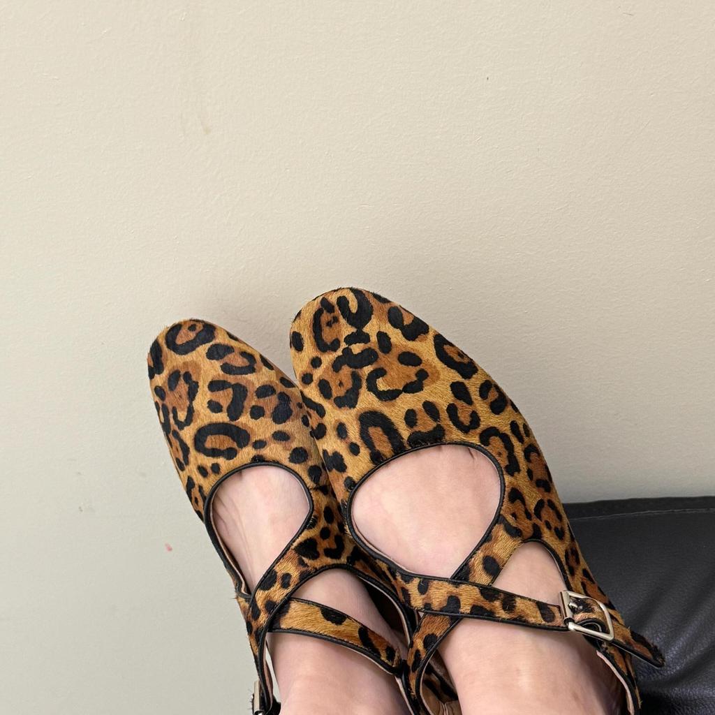 Sheepskin Version~ Genuine Leather Horsehair Niche Soft-sided Ballet Shoes Flat Cross-strap Leopard Print Mary Jane Single Shoes