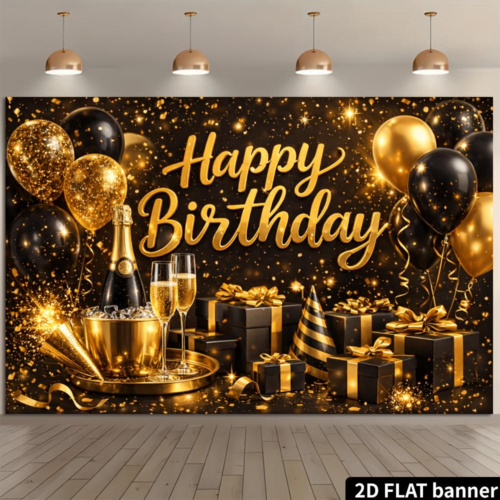Black Gold Cool Birthday Party Banner Backdrop, Balloon Glitter Text Champagne Gift Cap Ribbon, Polyester, Photo Wall Decor