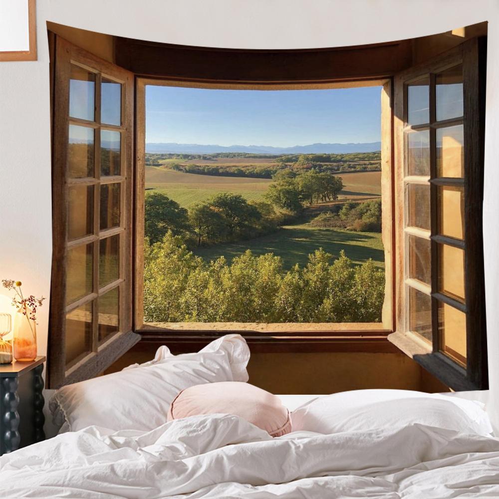 Подвесной домашний декор Настенный гобелен Имитация окна Вид на горы Гобелен Морское окно Лесная стена