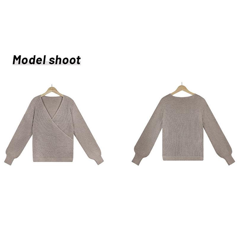 Осенне-зимний женский свитер, модный однотонный пуловер с длинными рукавами и v-образным вырезом, вязаный свитер