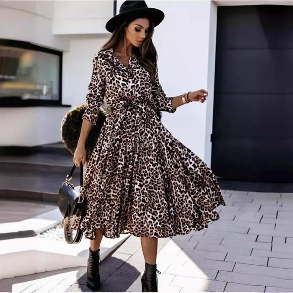 Popular Women's Clothing European Station Autumn and Winter Long-sleeved Leopard Print Dress