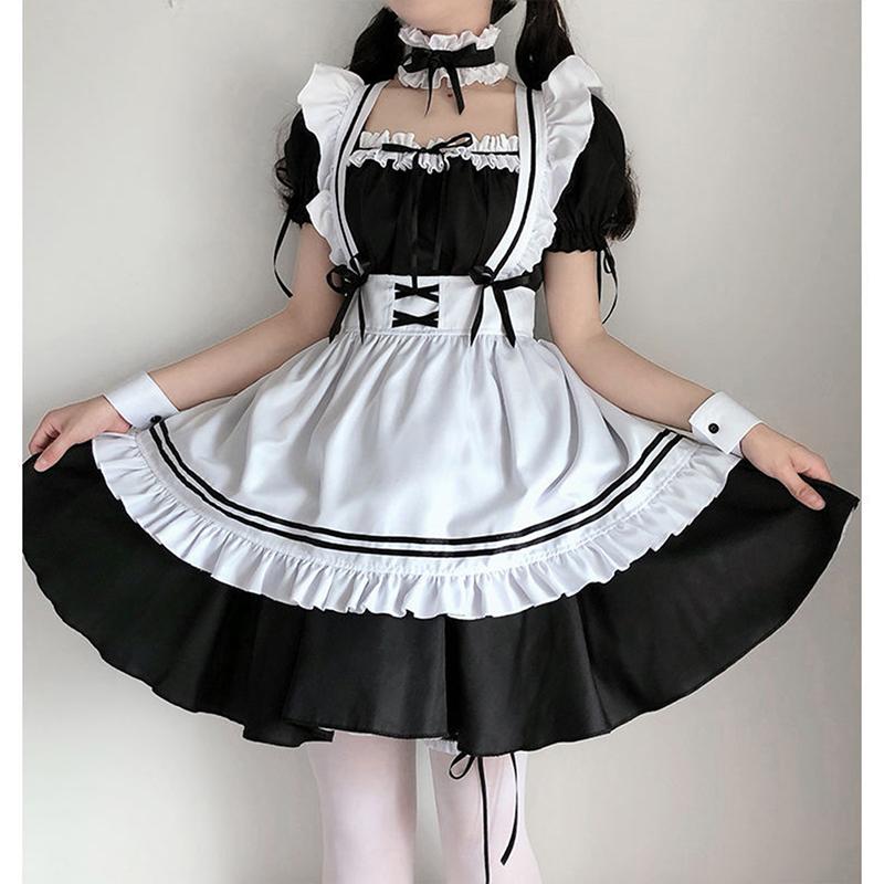 Black Cute Lolita Maid Costumes Girls Women Lovely Maid Cosplay Costume Dress