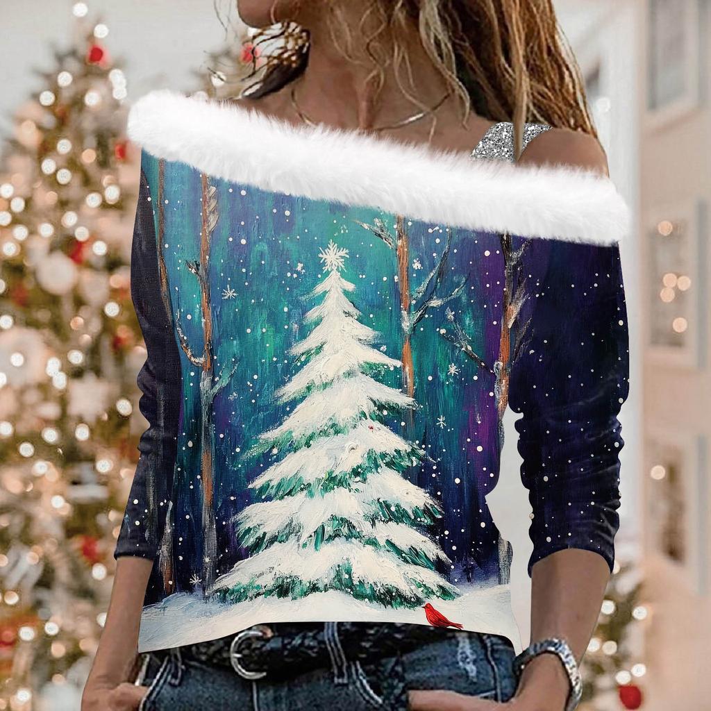 Женские топы с длинными рукавами. Модные женские свободные пуловеры с открытыми плечами с рождественским принтом.