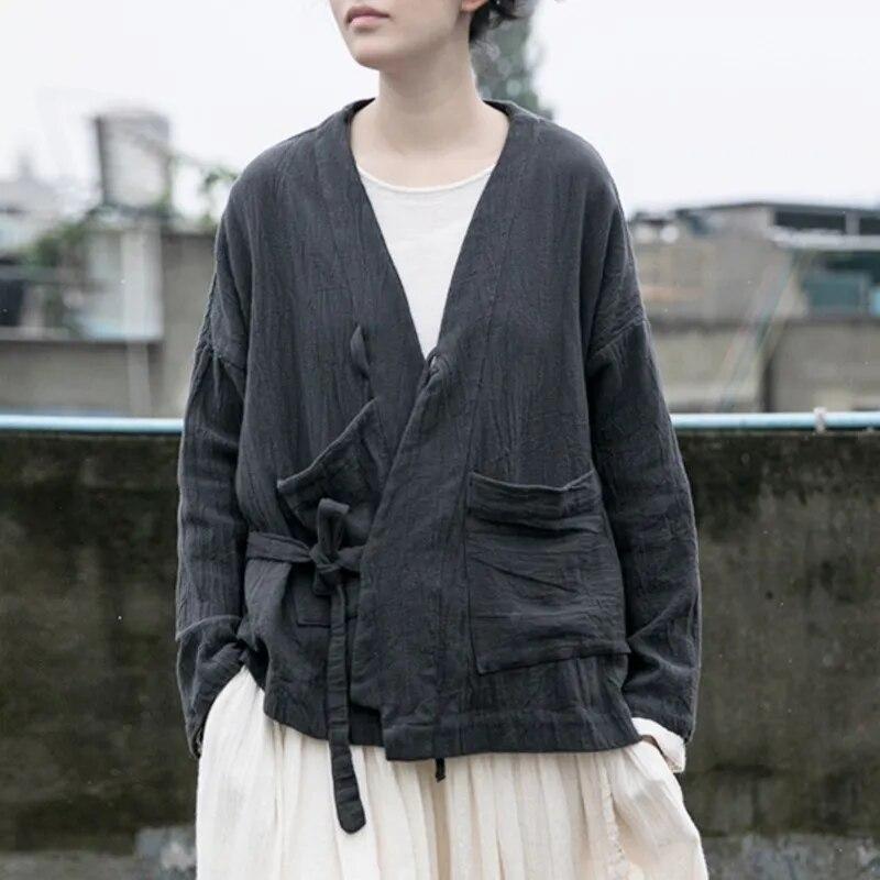 Johnature Women Chinese Style Bandage Jackets Solid Color V-Neck Long Sleeve Coats Cotton Linen Vintage Fall Women Jackets