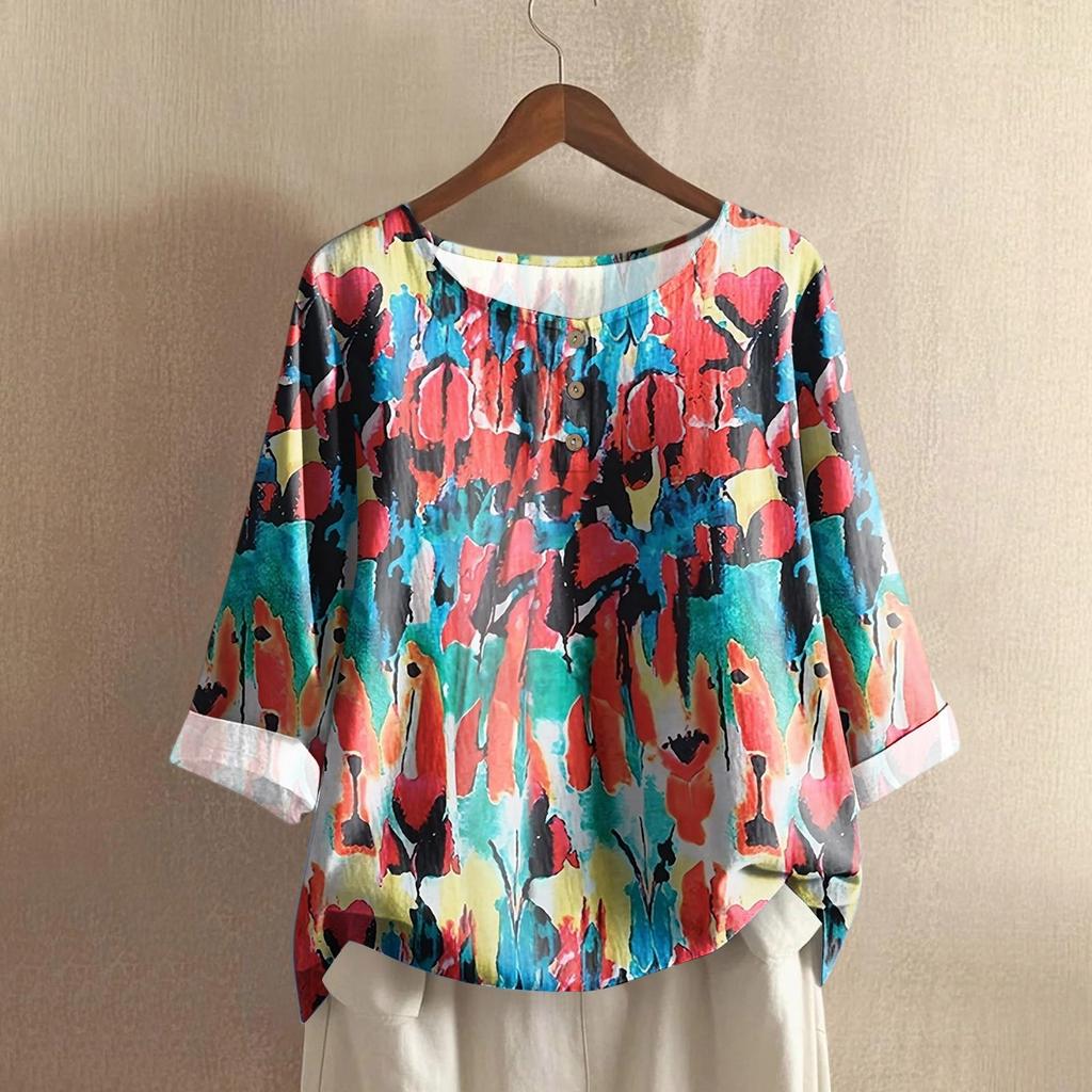 Женский повседневный топ с рукавом три четверти, круглым вырезом, градиентным принтом, из хлопка и льна