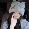 Милая вязаная шапка с кошачьими ушками для женщин, осенне-зимняя, с вышитым бантиком, из шерсти, ветрозащитная, защищающая уши от холода.