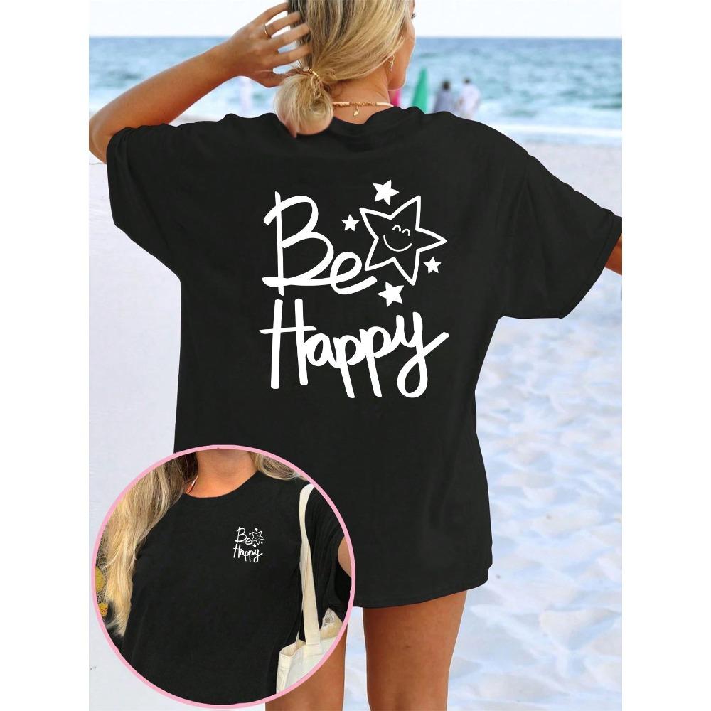 Женская футболка Be Happy с курсивным принтом, приталенная, с круглым вырезом, короткий рукав, подходит для дома, Харадзюку, рукава, одежда