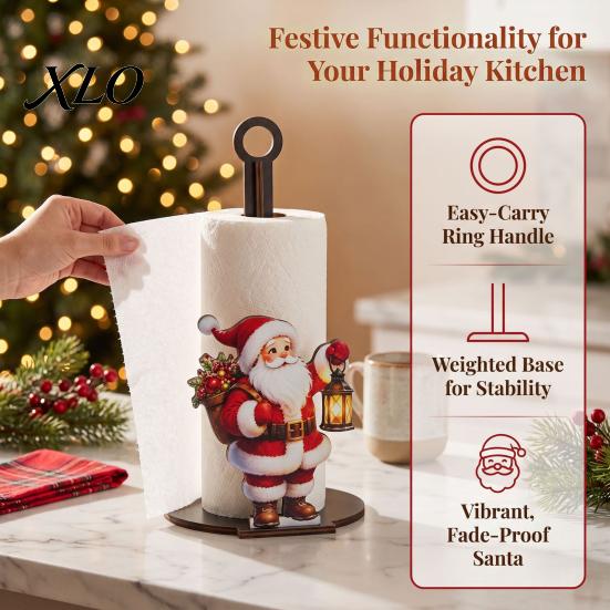 Weighted Base Paper Holder Christmas Wooden Towel Holder, Decorative Vertical Roll Dispenser, Stable Tissue Rack Organizer for Holiday Table