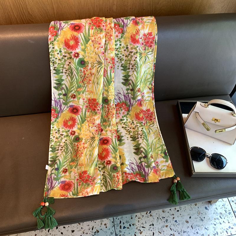 Spring And Autumn Floral Scarf Women'S Premium Versatile Beach Scarf Scarf Shawl Simple And Fashionable Outer Cape Scarf