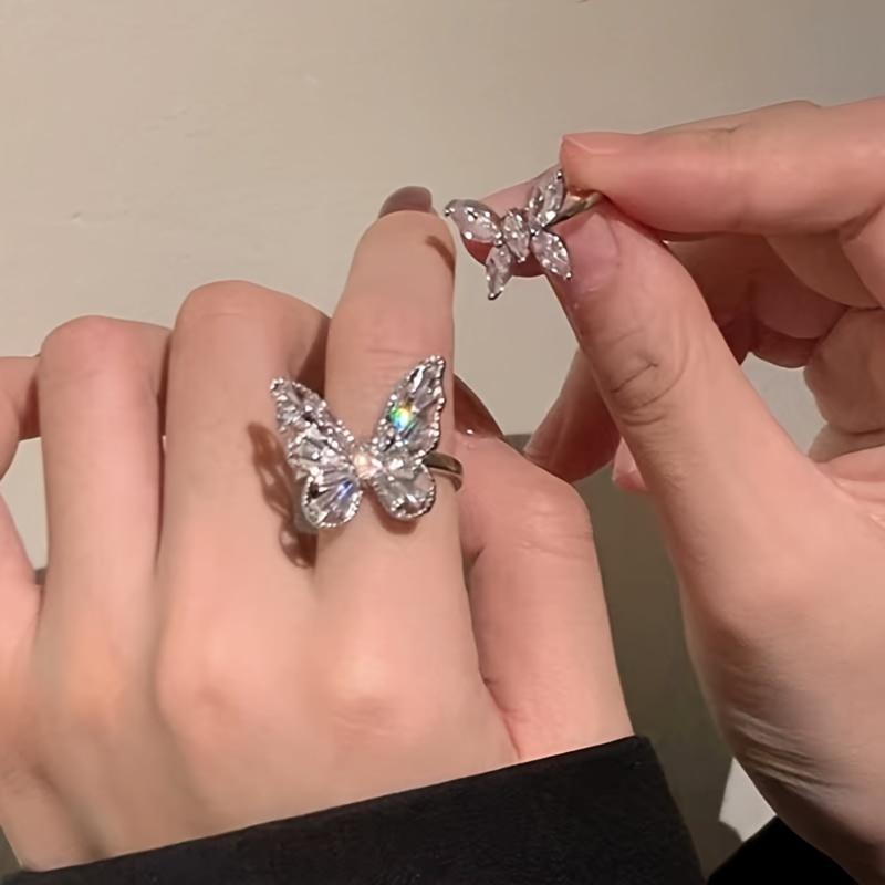 Butterfly Zirconia Ring for Women, Light Luxury Fashionable Adjustable Open Ring