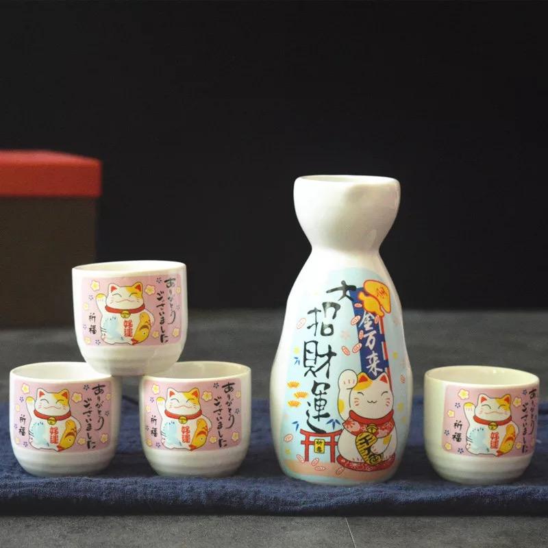 5 шт./компл., японская керамическая бутылка для вина Lucky Cat Sake, креативная фляжка Maneki Neko, ликер, спиртные напитки, чашка для вина, посуда для напитков