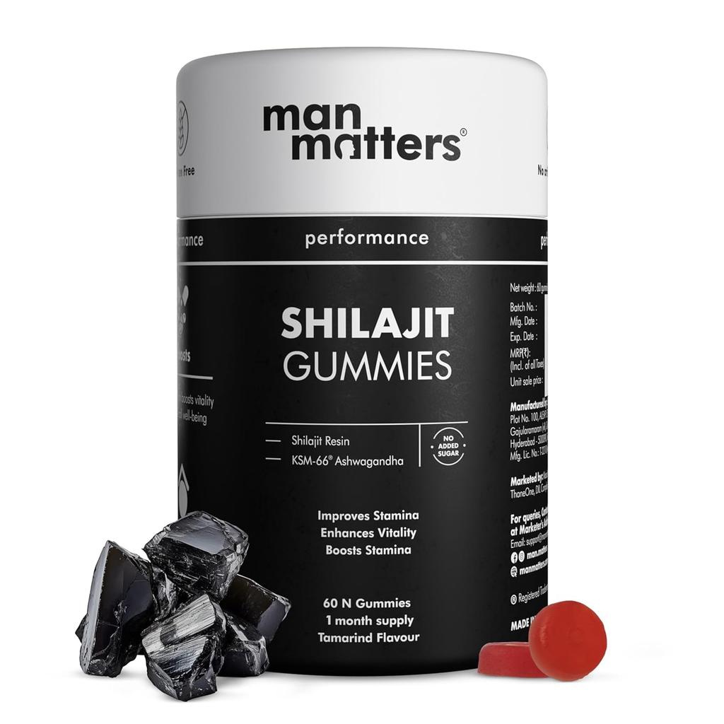 Man Matters Pure Himalayan Shilajit 60N Gummies with 70% Fulvic Acid & Ashwagandha for Stamina & Energy, Pack of 1