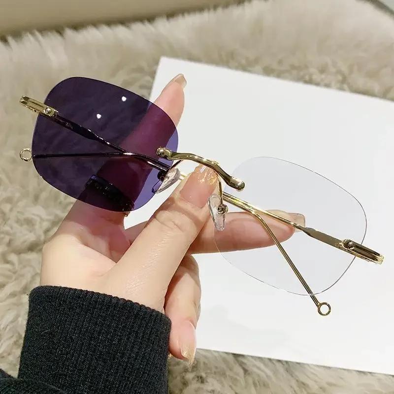 Женские модные фотохромные очки без оправы, роскошные очки для близорукости, блокирующие синий свет, солнцезащитные очки для улицы, меняющие цвет