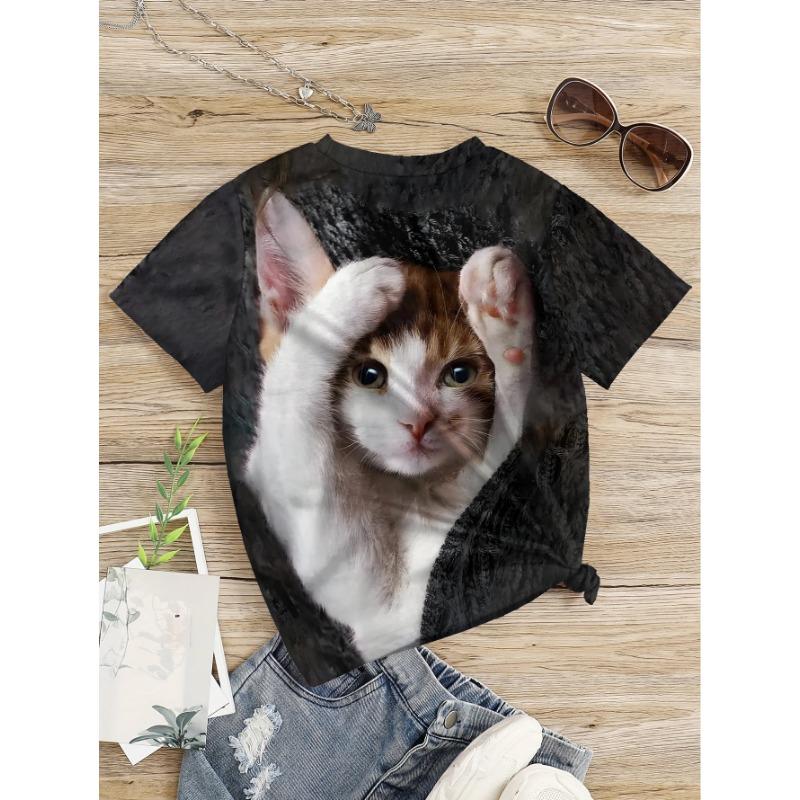 Детская футболка Girl Summer Fun Cat Pattern 3D Printed Top с короткими рукавами