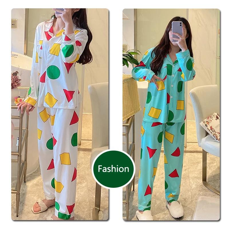 Girl Pajamas Cardigan Lapel Trousers Set Geometric Pattern Long-Sleeved Ladies Homewear Fashion Soft Sleepwear