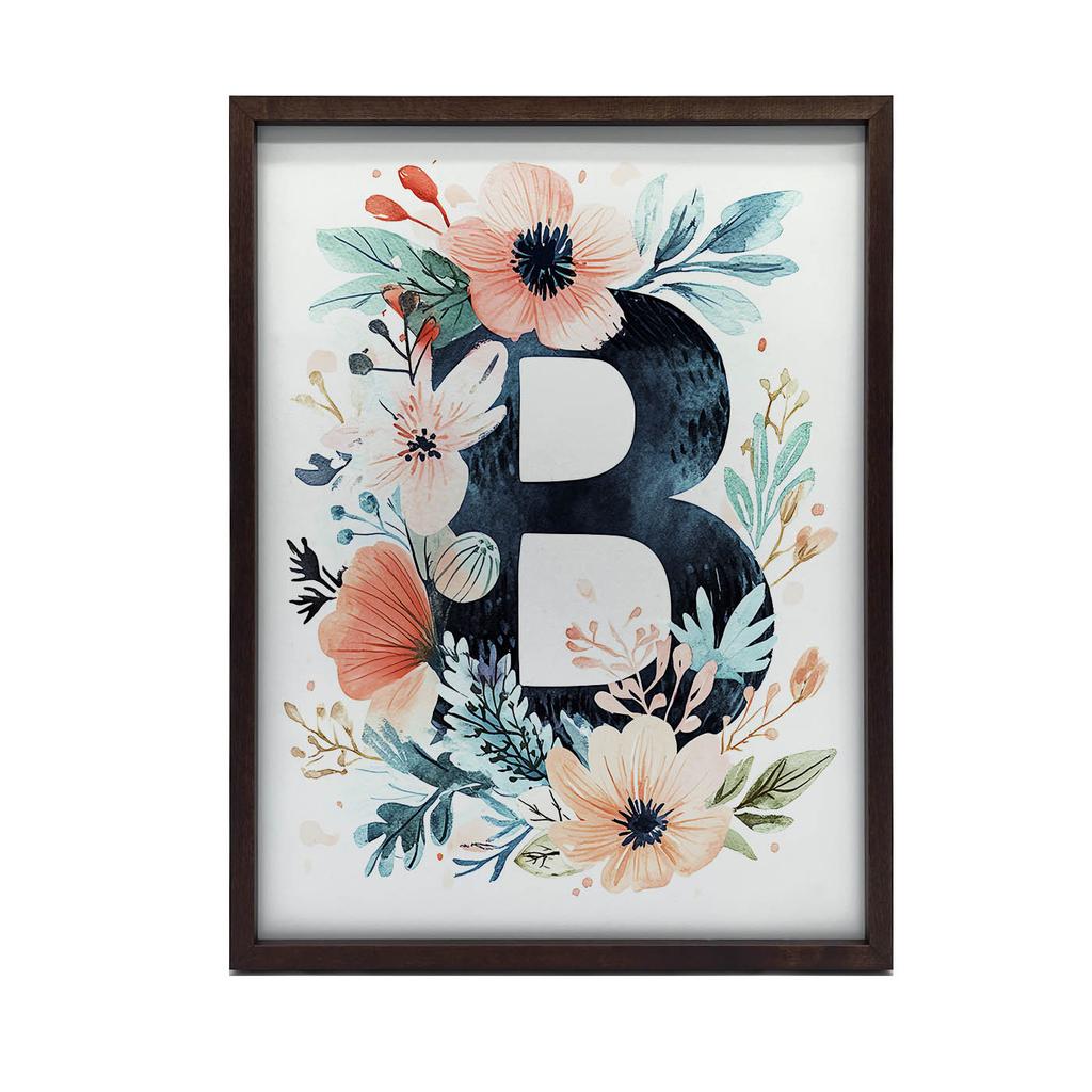 Plakat Litera "B" Otoczona Kolorowymi Kwiatami Plakat Litera "B" Otoczona Kolorowymi Kwiatami, 30X40 Cm, Rama Drewniana Ciemny Brąz, Papier Matowy 230