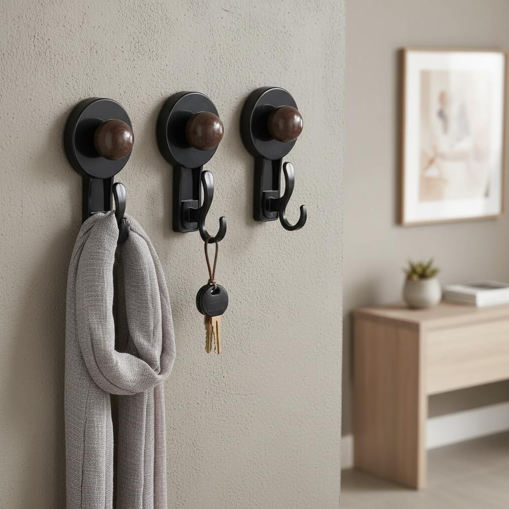 Solid Black Wood Grain Suction Hook No Residue for Wall and Door Organization