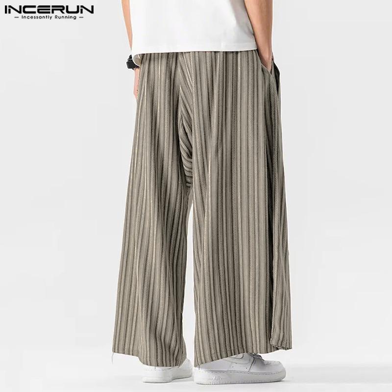 INCERUN Vintage Men Elastic Waist Striped Casual Loose Long Wide Legs Pants