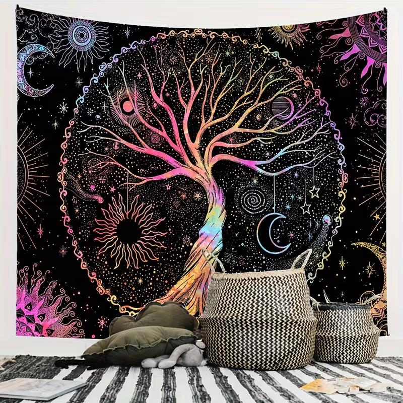 2D Rainbow Tree of Life Tapestry, Black Background Sun Moon Star Wall Hanging, Mystical Scenery Decor