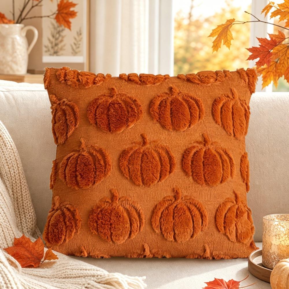 Soft Plush Fabric Throw Pillow Covers Pumpkin Pattern Faux Wool Cushions Living Room Bedroom