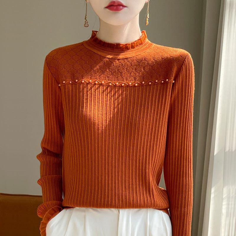 Autumn/Winter Women's Solid Color Half-High Collar Knit Sweater with Lace Trim