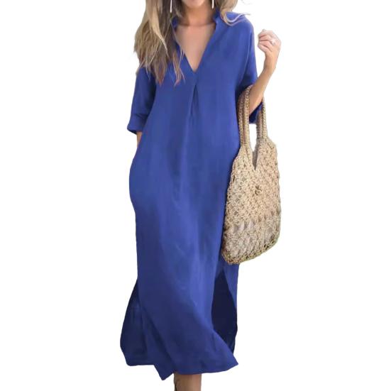 Летнее платье с рукавами три четверти, разрезами по бокам, свободным V-образным вырезом, платье миди