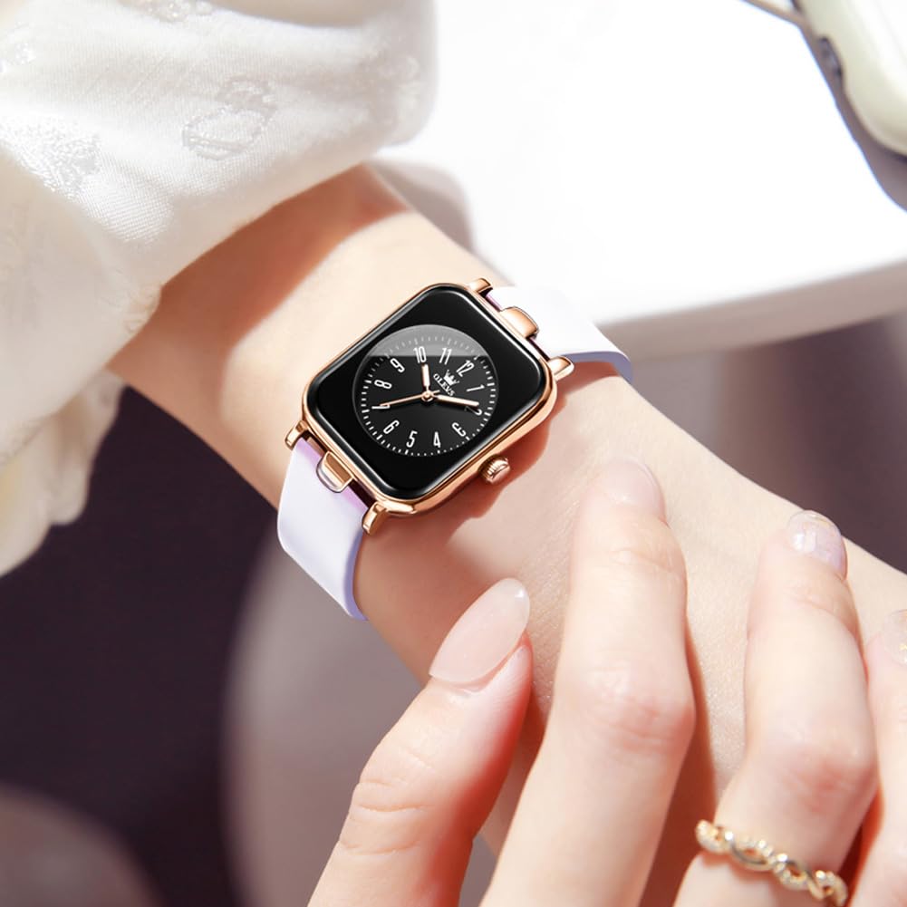 OLEVS Women's Watch, Waterproof, Luminous, Silicone Band, Japan Quartz Movement, white (white silicone strap rose gold case black dial)
