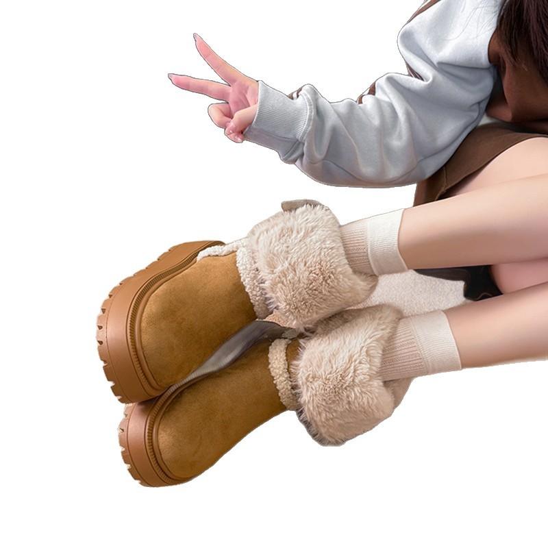 Короткие длинные зимние сапоги женские 2025 зима новые до колена сапоги с напуском утолщенные хлопковые туфли тренд