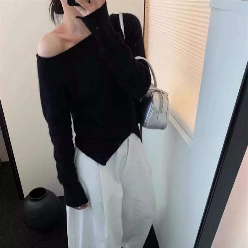 Элегантный Свободный Вязаный Пуловер с Покатым Плечом в Полоску Повседневный Нежный Осенний Женский Модный Топ с Длинным Рукавом Свободный Повседневный Офисный Тонкий