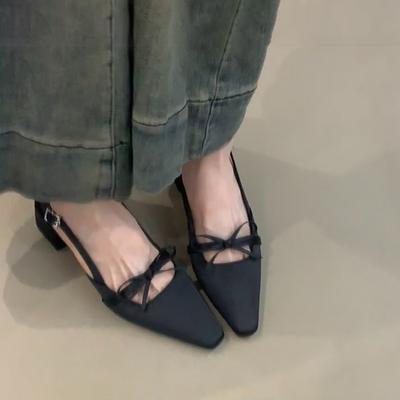 Туфли-лодочки из атласа с нежным характером, на высоком каблуке, женские универсальные сандалии с квадратным носком, бантом и ремешком сзади