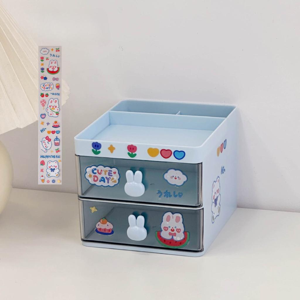 Kawaii Destop Organizer with Sticker Multi-function Lagre Capacity Drawer Stationery Holder Jewelry Hairclip Storage Student