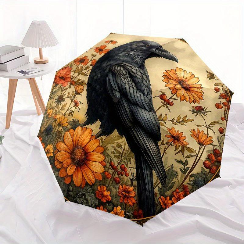 Raven & Floral Garden Wall Art: Nature's Symphony in Every Detail Umbrella, Cute Umbrella with Cute Design, Portable 3-Fold Compact Umbrella for Men &