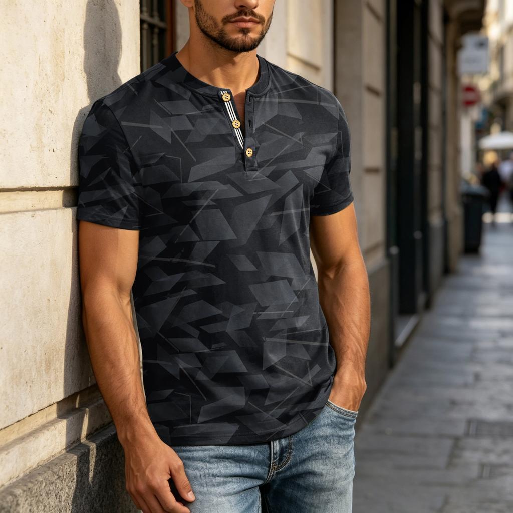 Мужская футболка-henley с коротким рукавом Повседневная с планкой на пуговицах Легкая дышащая летняя футболка Зауженный крой Мягкая ткань