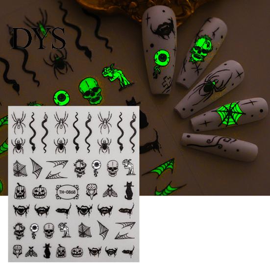 Halloween Nail Stickers 6 Sheets Glow-in-the-dark Sticker, Spooky Ghost Pumpkin Skull Manicure Party Art Decor Decal, DIY Decoration Favors for Women
