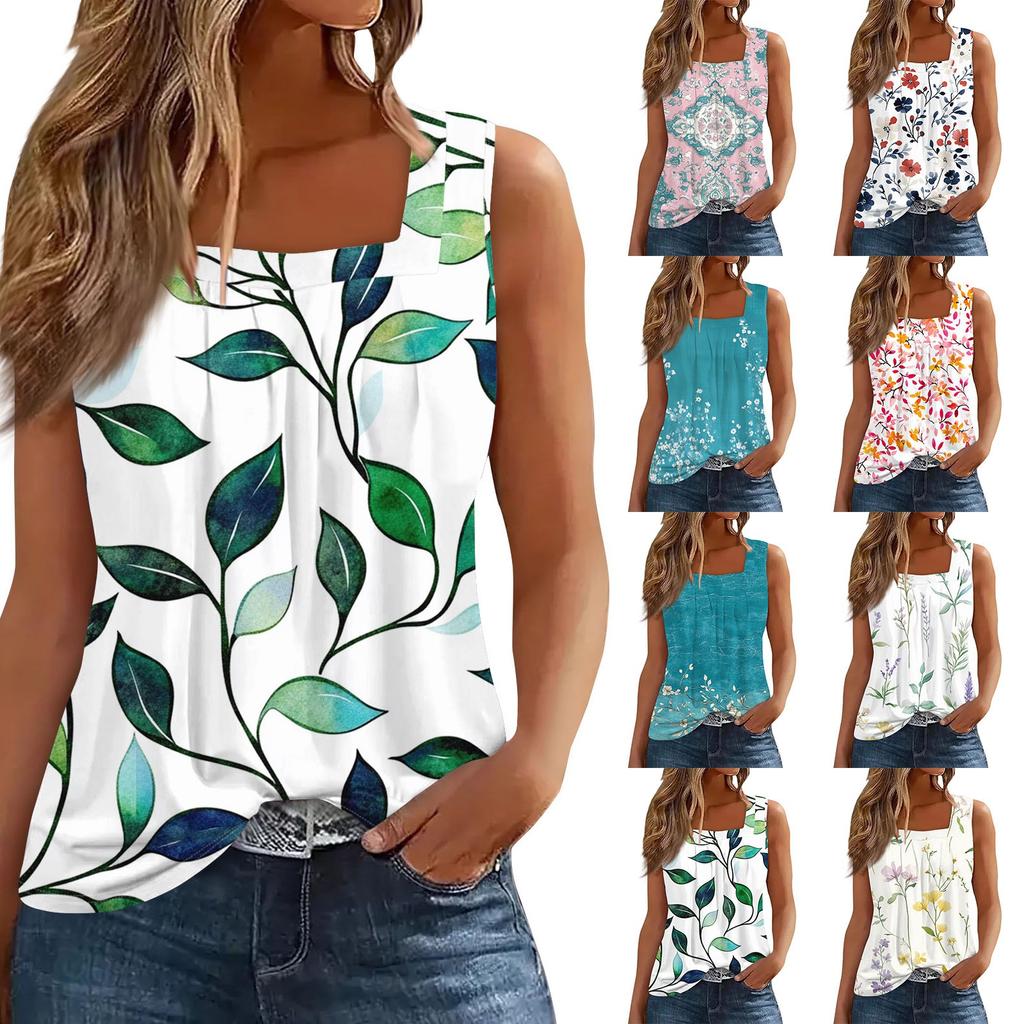 Женская плиссированная футболка без рукавов с квадратным воротником и принтом