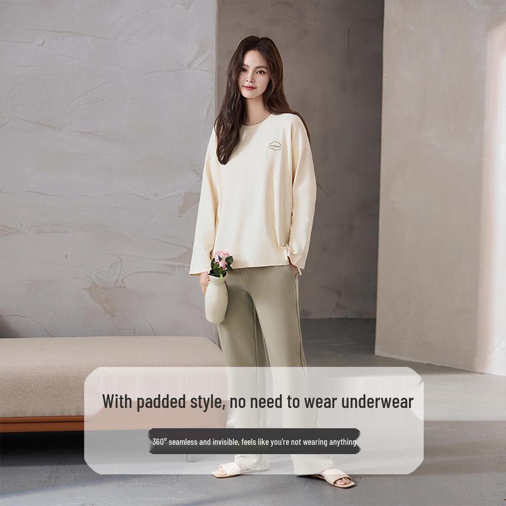 Женская пижама из чистого хлопка с вкладышами на грудь - с длинным рукавом, больших размеров, для осени/зимы. Для ношения на улице, Свободный домашний костюм.