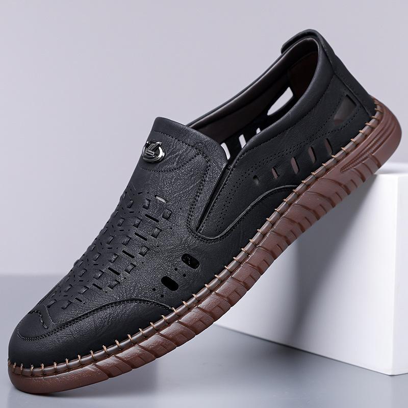 2025 летние сандалии мужские новые повседневные туфли мужские кожаные туфли ручной работы онлайн полые дышащие сандалии большого размера 501