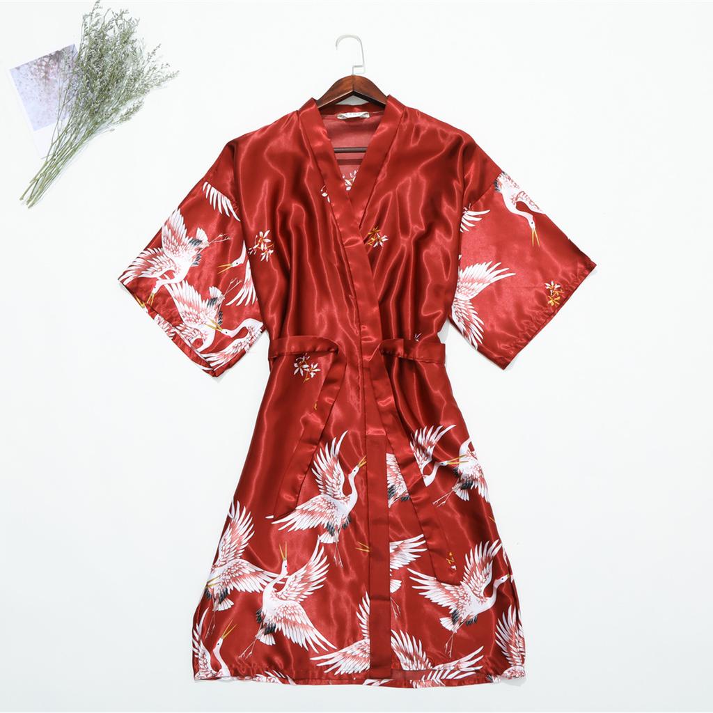 Sleeping Robe Cranes Printed Imitation Silk Single Robe Wedding Bridesmaid Morning Robe Home Increase Robe Fashion Temperament Elegant