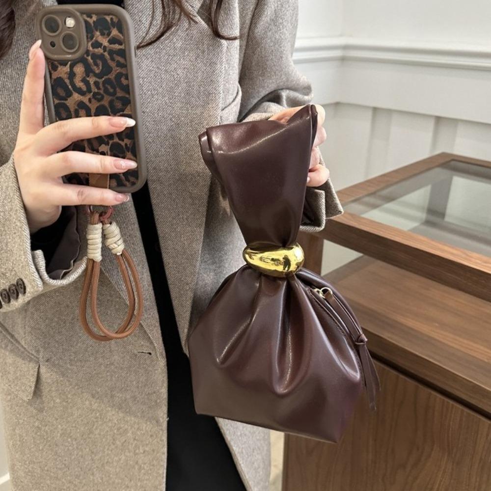 Solid color PU Leather Clutch Bag Side Zipper Pleated Bucket Bag Retro Party Evening Bag Daily
