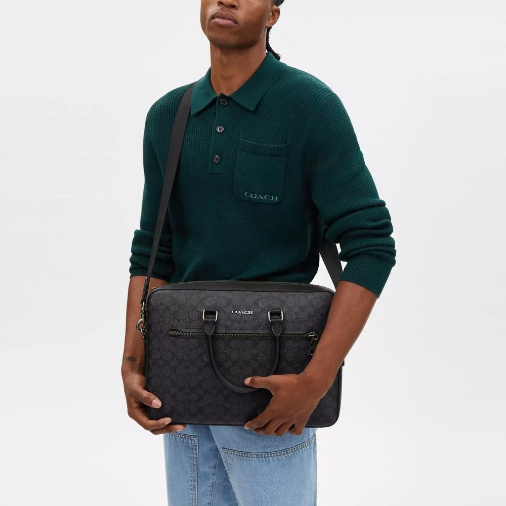 Coach Ethan Slim Brief In Signature Canvas Gunmetal Charcoal Black