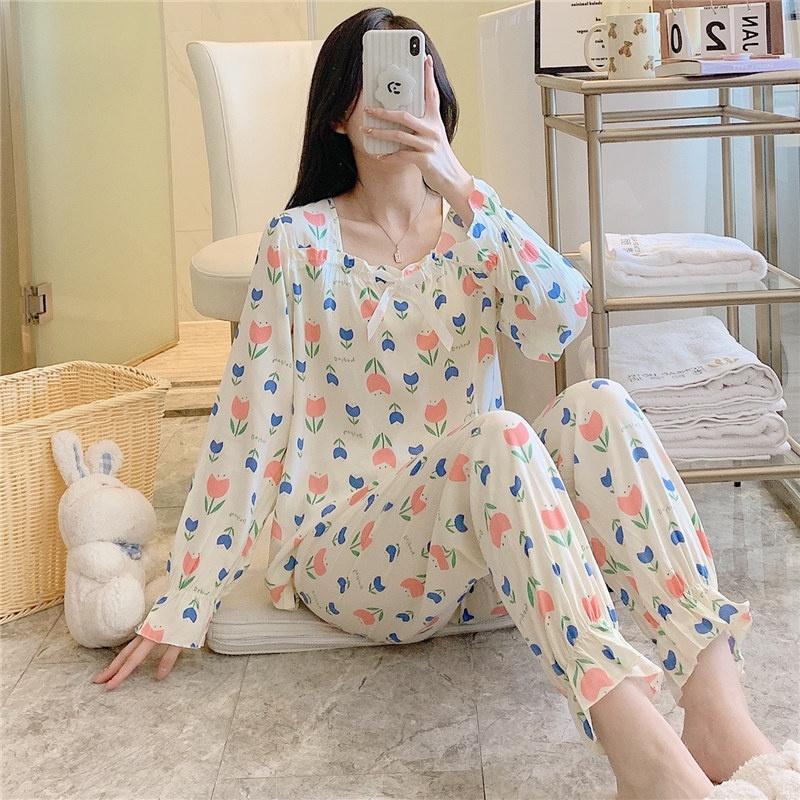 Пижамы женские с длинными рукавами из тонкого хлопка и шелка корейский комплект одежды для сна больших размеров