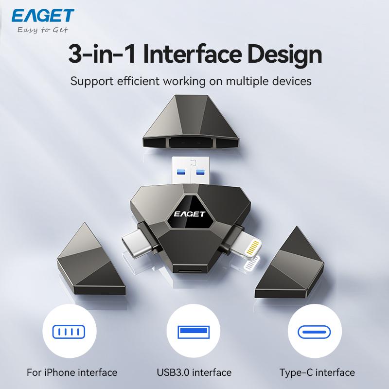 EAGET 3-в-1 USB 3.2 Флеш-накопитель OTG Многофункциональный U-диск для iPhone IPad ПК Mac/IOS/Android/ПК