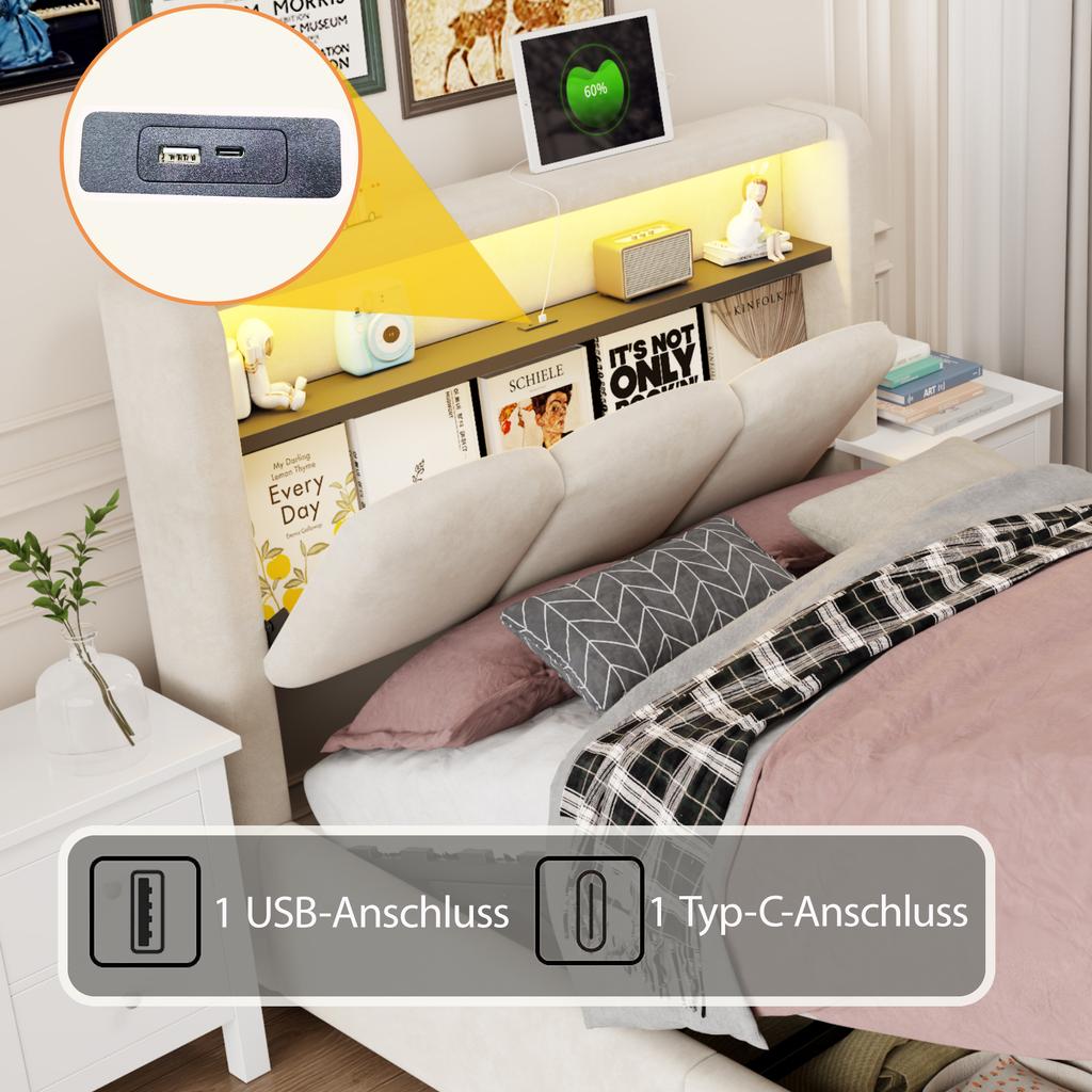 Upholstered bed 90x200, hydraulic storage function, headboard storage, soft velvet, petal design, single bed, USB and Type-C ports, LED, beige