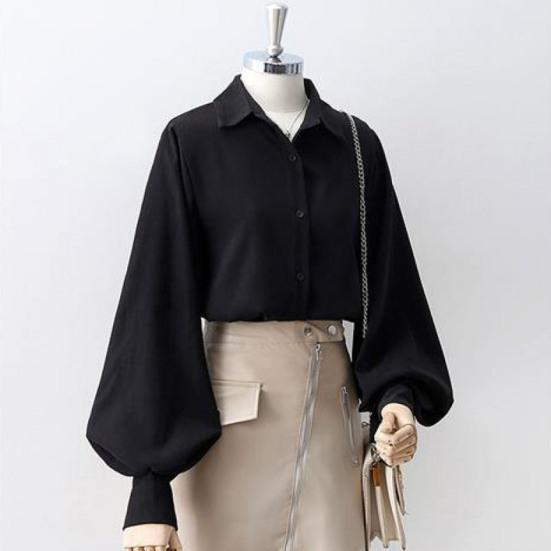 Women Shirt Lapel Lantern Long Sleeve Single Breasted Shirt Tops Solid Color Loose Fit Work Casual Daily Tops